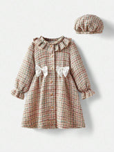 Young Girl Oversized Casual Ruffled Collar Puff Sleeve Tweed Dress
